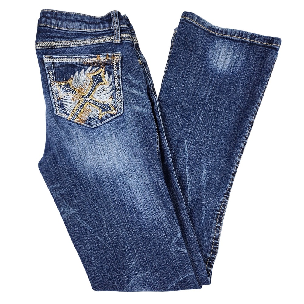 Rock 47 Wrangler Jeans Womens 7/8x32 Blue Bootcut Embroidered Low Rise Y2K Boho